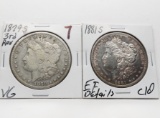 2 Morgan $: 1879S 3rd rev VG, 1881S EF cleaned