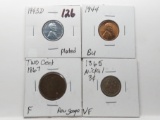 4 Type Coins: 2 Lincoln Cents (1943D Steel plated, 1944 BU); Two Cent 1867 F rev gouge; Nickel 3 Cen