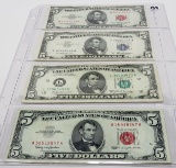 4 Type $5 Notes: 1953 USN VF border tear, 1953A Silver Cert VF+, 1963 USN VF, 1969A FRN VF