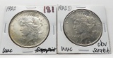 2 Peace $: 1922 Unc fingerprint, 1922D Unc obv scratch