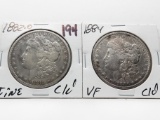2 Morgan $ cleaned: 1882-O F, 1884 VF