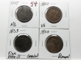 4 Large Cents: 1847 AG, 52 VG, 53 Fine corr, 54 damaged
