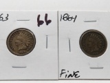 2 Indian Cents: 1863 VG, 1864 F