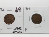 2 Indian Cents: 1892 EF weak strike, 1909 F