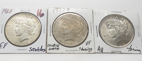 3 Peace $ 1922 (EF scratches, ?dbl dt VF ?toning, AU toning)