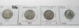 4 Type Quarters: Seated 1877 Fair, Barber 1909 AG, Standing Liberty 1926 G, Washington 1932 Unc