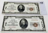 2-$20 Natl Notes 1929 T29-1, 1st Natl Bank Manhattan KS CH 3782, consecutive SN C000224A AU light di