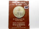 1975 Turks & Caicos Islands Sterling Silver 20 Crown Coin, 38.7gm, on card, some discoloration on pa