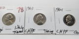 3 Jefferson CH PF Nickels: 1962 & 1963 light toning, 1964 Cameo