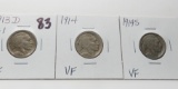 3 Buffalo Nickels: 1913D Ty 1 EF, 1914 VF, 1914S VF