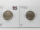 2 Buffalo Nickels: 1915 VF, 1915D F better date