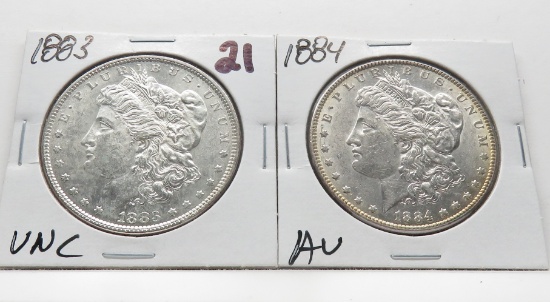 2 Morgan $: 1883 Unc, 1884 AU