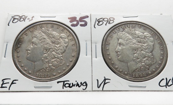 2 Morgan $: 1881S EF toning, 1898 VF cleaned