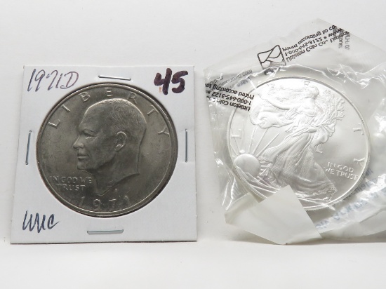 Mix: 1971D Eisenhower $ Unc; 2006 Silver American Eagle Unc