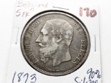 1873 Belgium 90% Silver 5 Franc