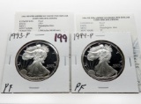 2 Proof Silver American Eagles with COAs/no boxes: 1993P, 1994P better date