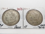 2 Morgan $: 1921D EF dings, 1921S VF spots toning