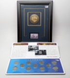 Mix: Wartime Nickel Set display holder Littleton; Framed Great Seal of Nebraska with Commemorative