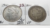 2 Morgan $: 1900 BU few tone spots, 1904 VF better date