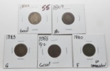5 Indian Cents: 1862 G, 1869 AG, 1880 F corr, 1883 G, 1886 Ty2 G