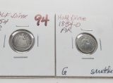 2 Seated Liberty Half Dimes Arrows: 1854 G, 1854-O G scratches