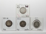 4 Type Seated Liberty Silver Quarters: 1853 AR/RA holed, 1854 AR Fair, 1856 Fair scrs, 1857 VF scrs