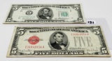 2-$5 Type Notes: 1928F USN Fine, 1950B FRN Dallas VF