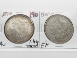 2 Morgan $: 1898 AU lightly toned, 1921D EF