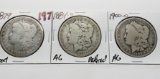 3 Morgan $: 1879 G, 1884-O AG defaced, 1900-O AG