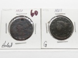 2 Matron Head Large Cents: 1821 holed, 1827 G