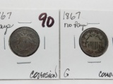 2 Shield Nickels 1867 G corrosion:  with rays, without rays