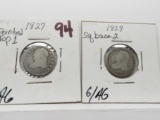 2 Capped Bust Dimes: 1827 pointed top 1 AG, 1829 sq base 2 G/AG