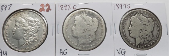 3 Morgan $: 1897 AU, 1897-O AG, 1897S VG
