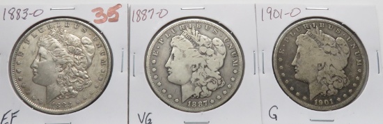 3 Morgan $: 1883-O EF, 1887-O VG, 1901-O G