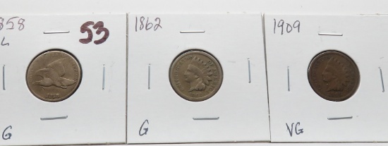3 Type Cents: Flying Eagle 1858 Lg Lt AG; 2 Indians 1862 G, 1909 VG