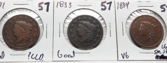 3 Large Cents: 1831 G ? cleaned, 1833 G, 1834 VG lg dt sm stars