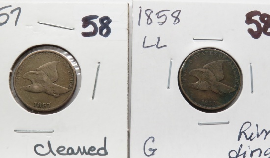 2 Flying Eagle Cents: 1857 G cleaned, 1858 LL G rim ding