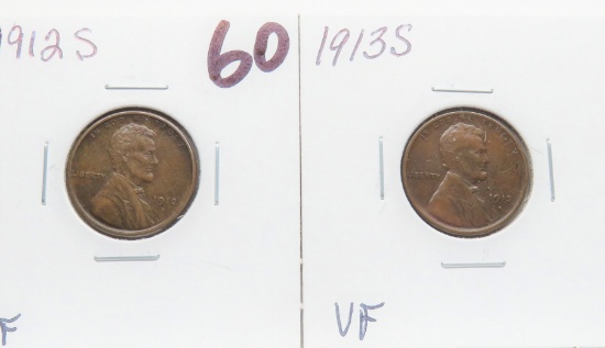 2 Lincoln Wheat Cents better dates: 1912S VF, 1913S VF