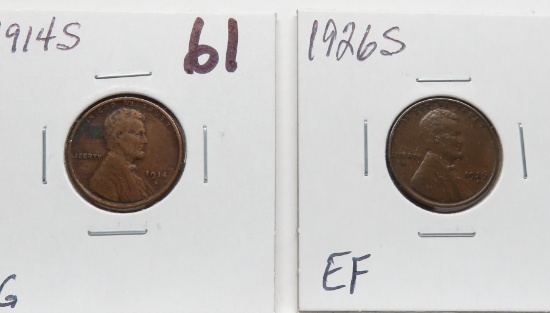 2 Lincoln Wheat Cents better dates: 1914S VG, 1926S EF