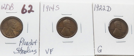 3 Lincoln Wheat Cents: 1909 VDB VF planchet streaking, 1914S VF, 1922D G