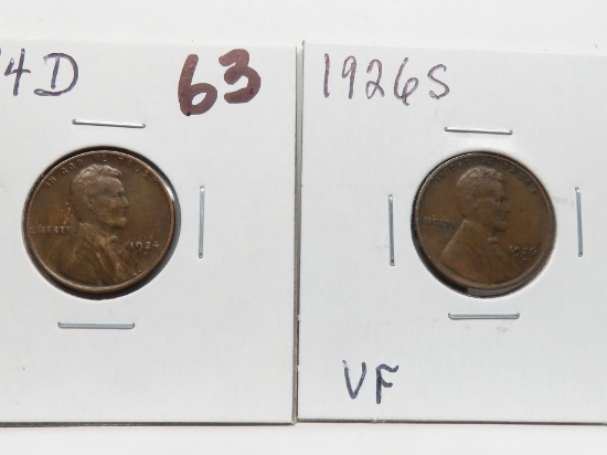 2 Lincoln Wheat Cents better dates: 1924D F, 1926S VF