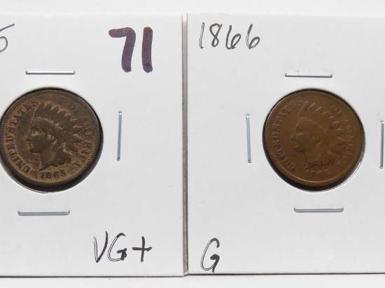 2 Indian Cents better early dates: 1865 VG+, 1866 G