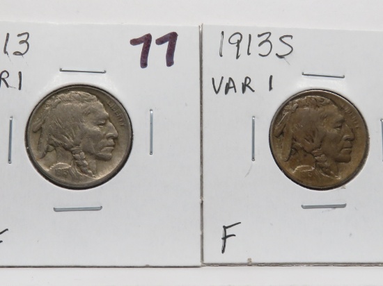 2 Buffalo Nickels Variety 1: 1913 VF, 1913S F
