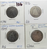 4 Seated Liberty Quarters: 1861 G/AG, 1876 AG, 1877 AG, 1877S G/Fair