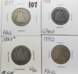 4 Seated Liberty Quarters: 1877 Fair, 1878 G/Fair, 1888S G/AG, 1891S Fair