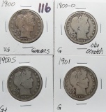 4 Barber Half $: 1900 VG gouges, 1900-O G obv scratch, 1900S G+, 1901 G