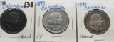 3 Columbian Expo Commemorative Half $: 1892 AU toned, 1893 EF, 1893 cleaned