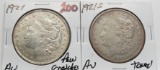 2 Morgan $: 1921 AU few scratches, 1921S AU toned