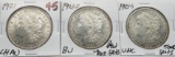 3 Morgan $: 1921 CH AU, 1921D BU few spots, 1921S Unc tone spots