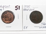 2 Classic Head Half Cents: No Dt ?1809 harshly cleaned, 1835 EF ?rev light corrosion